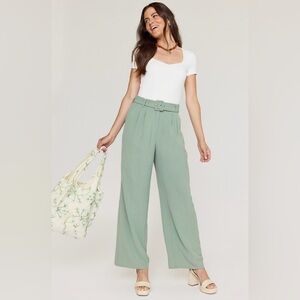 Sage Green High Waisted Wide Leg Trousers w/ Belt – Flowy & Chic